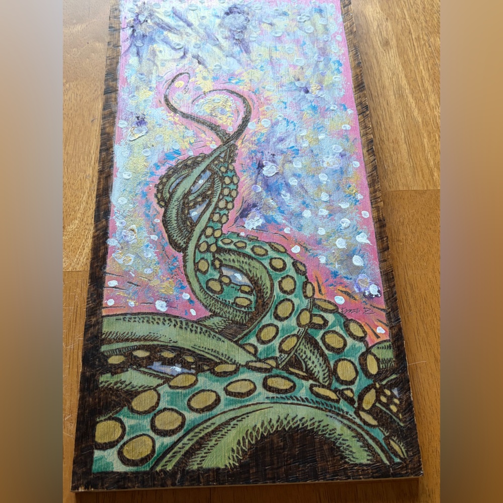 Octopus Tentacle Pyrography on Wood Panel Mixed Media Painting Wall Art 17X9 - Picture 3 of 16